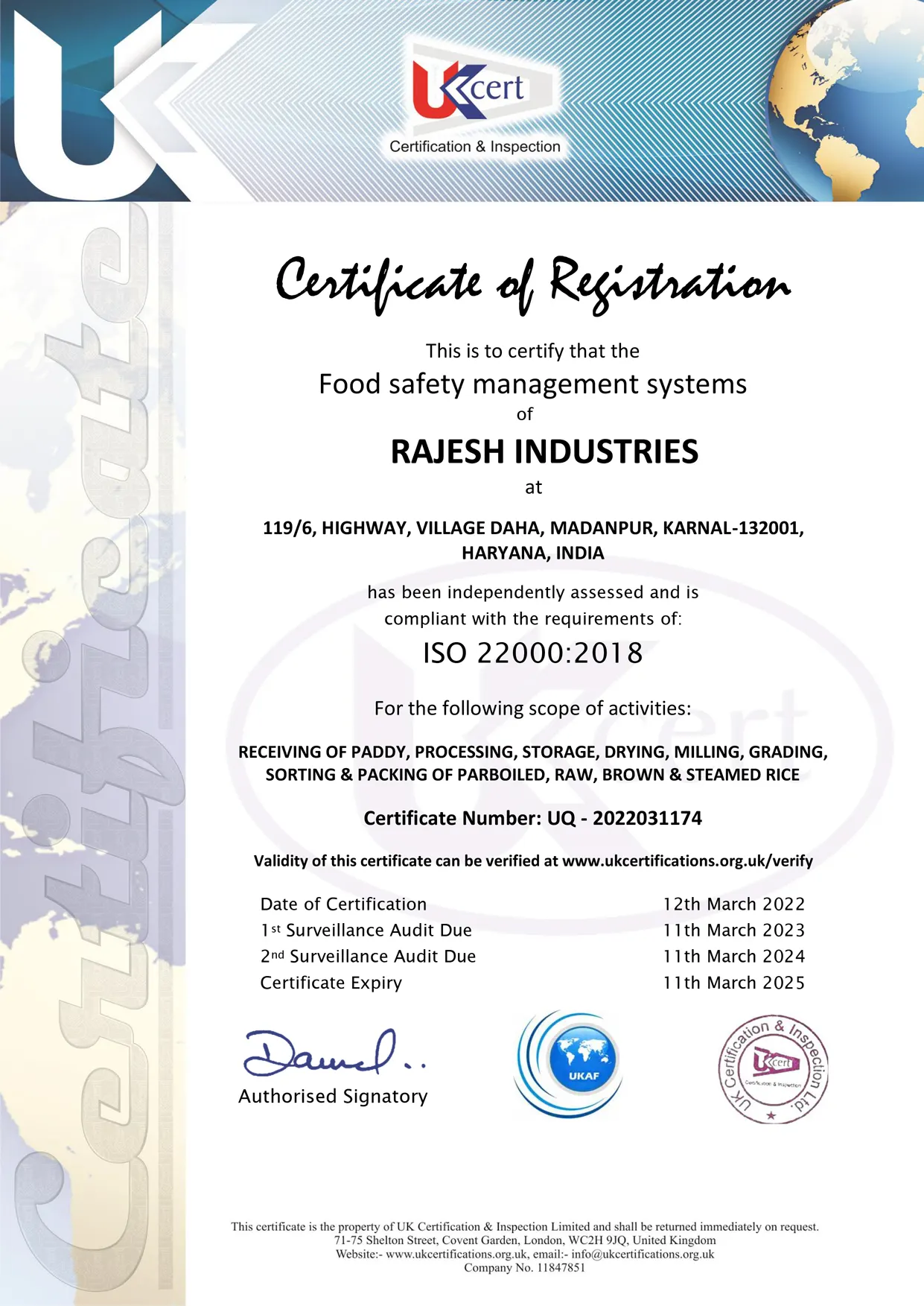 UrbanFresh rice mill ISO 22000:2018 certificate