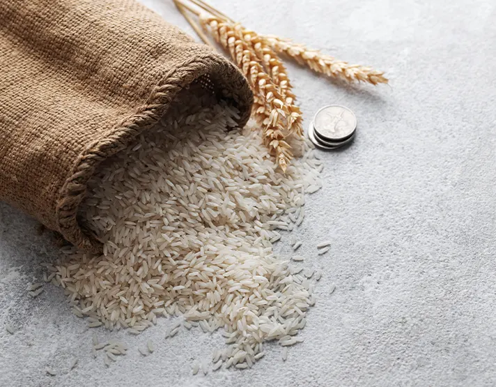 White rice in an open jute sack