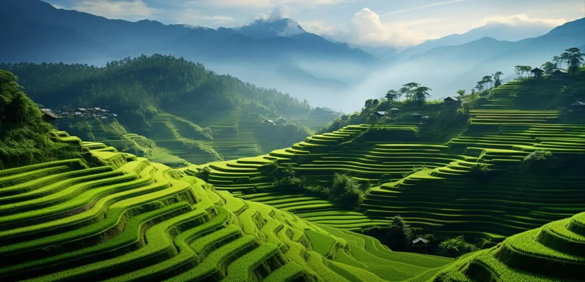 Terraced rice fields in a green valley